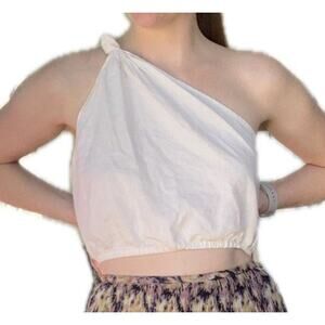 NWOT Farm Rio One Shoulder Knotted Crop Top in White Linen Viscose Size Small